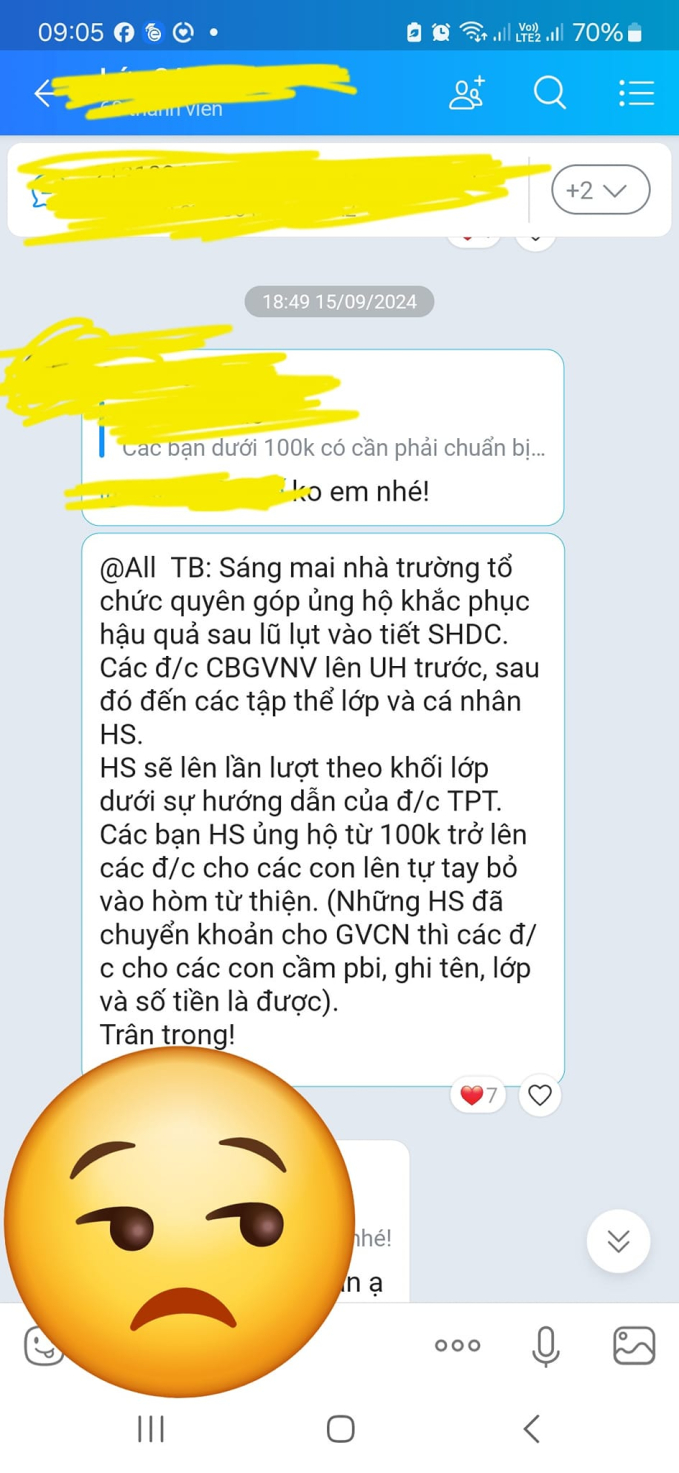 Xôn xao 1 trường học bị tố mời các em ủng hộ đồng bào lũ lụt từ 100.000 đi lên bỏ vào hòm quyên góp, dưới 100.000 thì không cần - Ảnh 1.