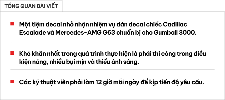 Thợ Việt bật mí hậu trường dán Escalade và G63 tại Gumball 3000: Nóng, bụi mịn, thiếu sáng, không được tháo xe, chạy đua 12 tiếng/ngày- Ảnh 1.