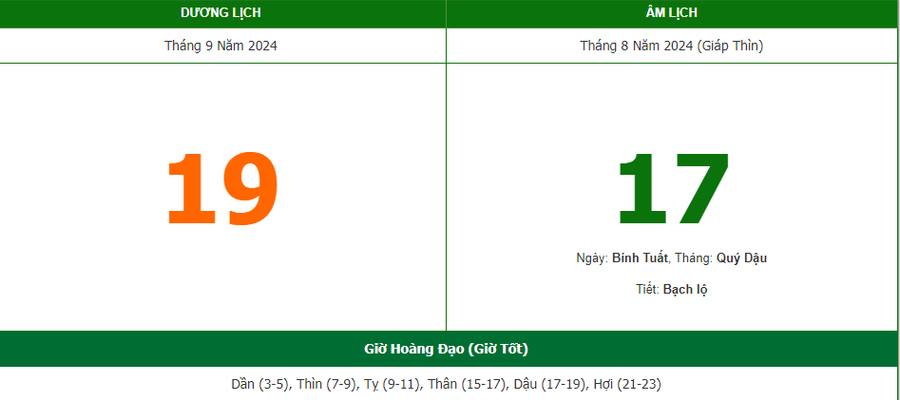 Lịch âm hôm nay bao nhiêu? Xem hướng và giờ tốt xuất hành ngày 19/9/2024 - Ảnh 1.