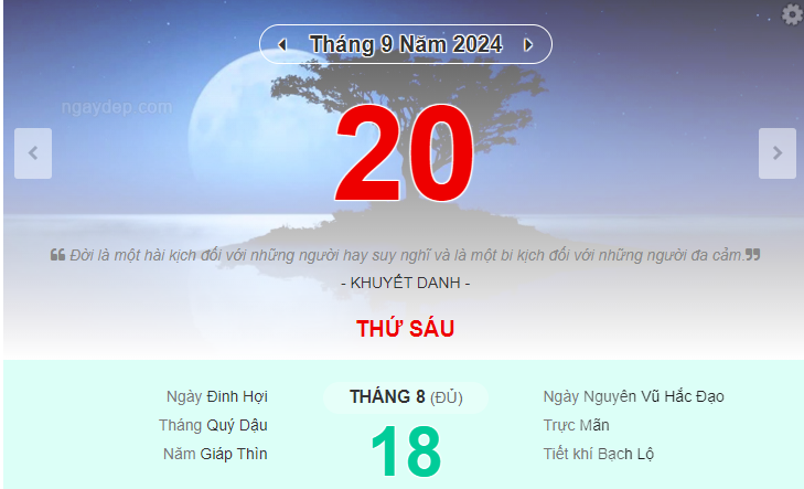 Lịch âm hôm nay bao nhiêu? Xem hướng và giờ tốt xuất hành 20/9/2024 - Ảnh 1.