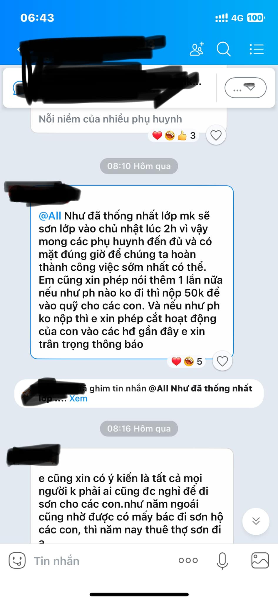 Xôn xao tin nhắn Ban phụ huynh yêu cầu các phụ huynh đi sơn lớp, không đi thì đóng 50.000 kèm theo lời "đe nẹt"?- Ảnh 1.