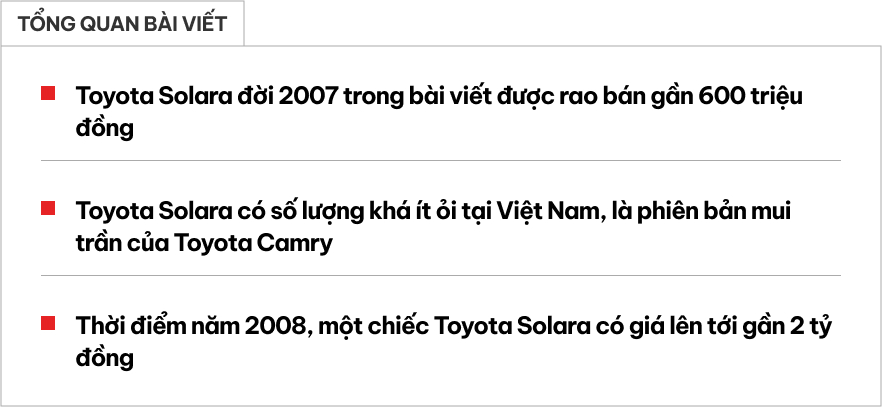 'Toyota Camry' mui trần rao bán ngang ngửa Kia K3: Hàng độc từng có giá hơn 2 tỷ mua mới, sản xuất 2007, lăn bánh gần 90.000km- Ảnh 1.