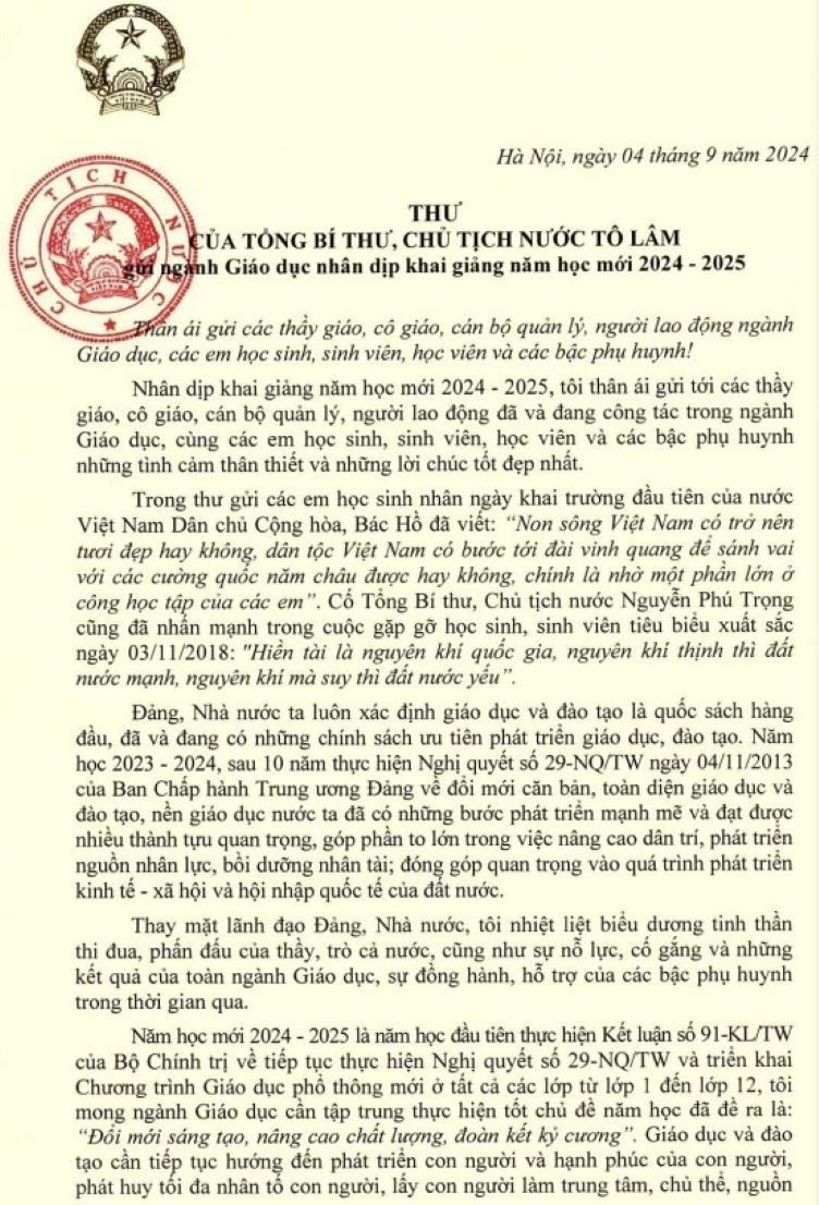 THƯ CỦA TỔNG BÍ THƯ, CHỦ TỊCH NƯỚC TÔ LÂM GỬI NGÀNH GIÁO DỤC NHÂN DỊP KHAI GIẢNG NĂM HỌC 2024-2025- Ảnh 3.