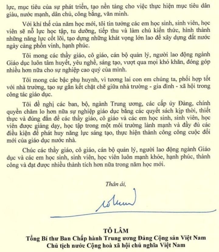 THƯ CỦA TỔNG BÍ THƯ, CHỦ TỊCH NƯỚC TÔ LÂM GỬI NGÀNH GIÁO DỤC NHÂN DỊP KHAI GIẢNG NĂM HỌC 2024-2025- Ảnh 4.