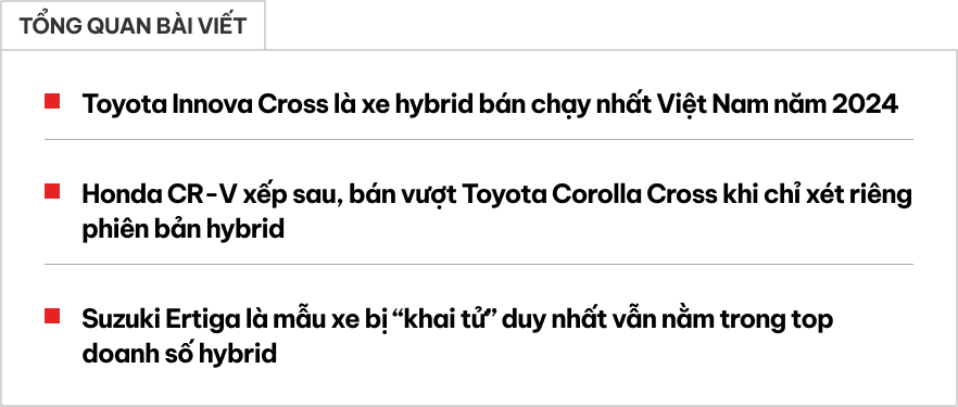 Innova Cross có doanh số khủng nhất, CR-V bán vượt Corolla Cross và những mẫu khác lọt top xe hybrid đắt khách tại Việt Nam năm 2024- Ảnh 1.