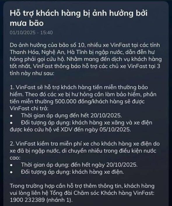 Nóng: VinFast hỗ trợ 500.000 đồng, miễn phí kiếm tra cho xe bị ngập do bão Bualoi - Ảnh 1.