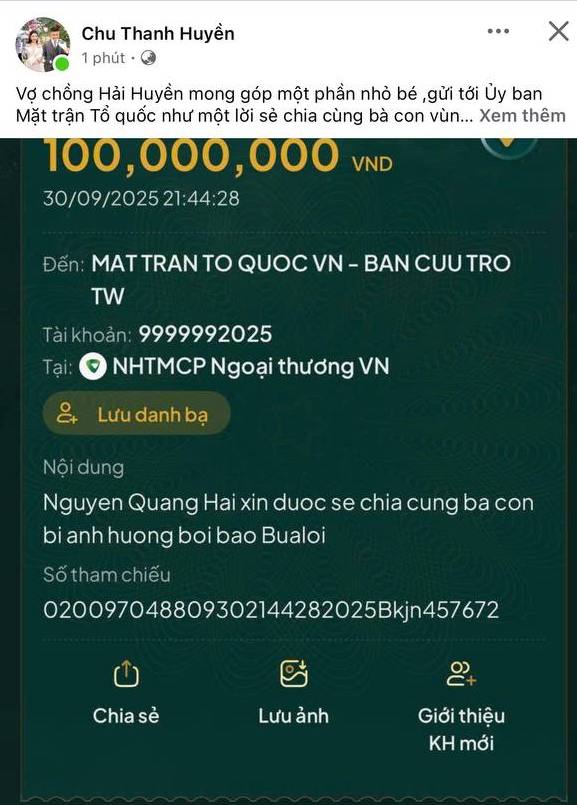 Quang Hải và Chu Thanh Huyền ủng hộ đồng bào khắc phục thiệt hại do bão số 10 Bualoi- Ảnh 1. Quang Hải và Chu Thanh Huyền ủng hộ đồng bào khắc phục thiệt hại do bão số 10 Bualoi- Ảnh 1.