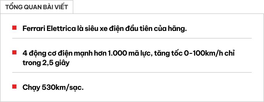 Ferrari Elettrica - Siêu xe điện hoàn toàn mới, 4 động cơ mạnh hơn 1.000 mã lực, tăng tốc 0-100km/h chỉ 2,5 giây, chạy 530km/sạc- Ảnh 1.