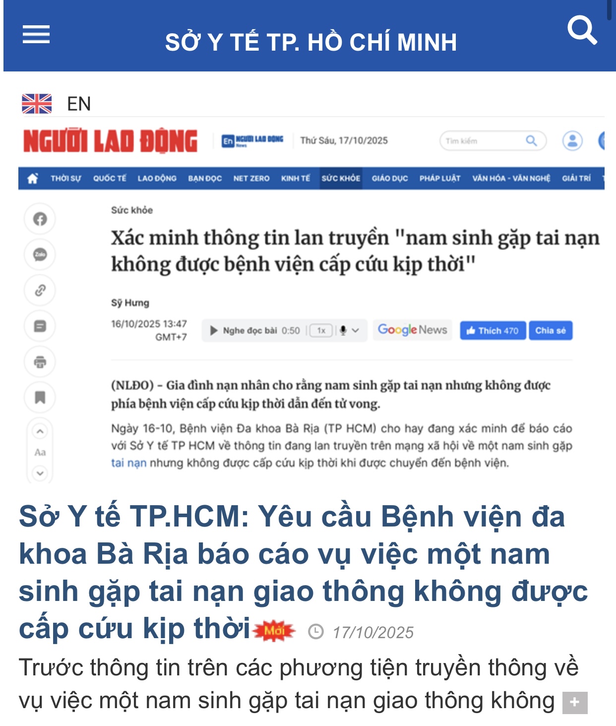 Sở Y tế TP HCM vào cuộc vụ nam sinh bị tai nạn không được bệnh viện cấp cứu kịp thời- Ảnh 1. Sở Y tế TP HCM vào cuộc vụ nam sinh bị tai nạn không được bệnh viện cấp cứu kịp thời- Ảnh 1.