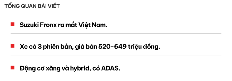 Suzuki Fronx ra mắt Việt Nam: Giá 520-649 triệu đồng, 3 phiên bản, có động cơ hybrid, ADAS, màn hình HUD- Ảnh 1.