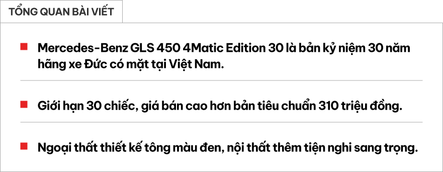 Cận cảnh Mercedes-Benz GLS 450 bản kỷ niệm 30 năm tại Việt Nam: Giới hạn 30 chiếc, giá tăng hơn 300 triệu đồng, ngoại thất khác biệt, thêm tiện nghi hàng ghế 2- Ảnh 1.