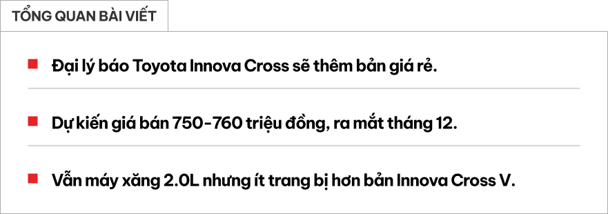 Đại lý báo Toyota Innova Cross sắp có bản 'giá rẻ': Dự kiến 750-760 triệu đồng, ra mắt cuối năm, vẫn máy xăng 2.0L nhưng sẽ thiếu những gì?- Ảnh 1. Đại lý báo Toyota Innova Cross sắp có bản 'giá rẻ': Dự kiến 750-760 triệu đồng, ra mắt cuối năm, vẫn máy xăng 2.0L nhưng sẽ thiếu những gì?- Ảnh 1.