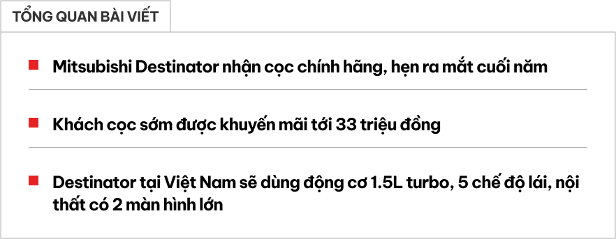 Mitsubishi Destinator chốt ra mắt Việt Nam cuối năm kèm thông tin ‘hot’: Khuyến mãi hàng chục triệu đồng, máy turbo, có chế độ lái đặc biệt- Ảnh 1. Mitsubishi Destinator chốt ra mắt Việt Nam cuối năm kèm thông tin ‘hot’: Khuyến mãi hàng chục triệu đồng, máy turbo, có chế độ lái đặc biệt- Ảnh 1.
