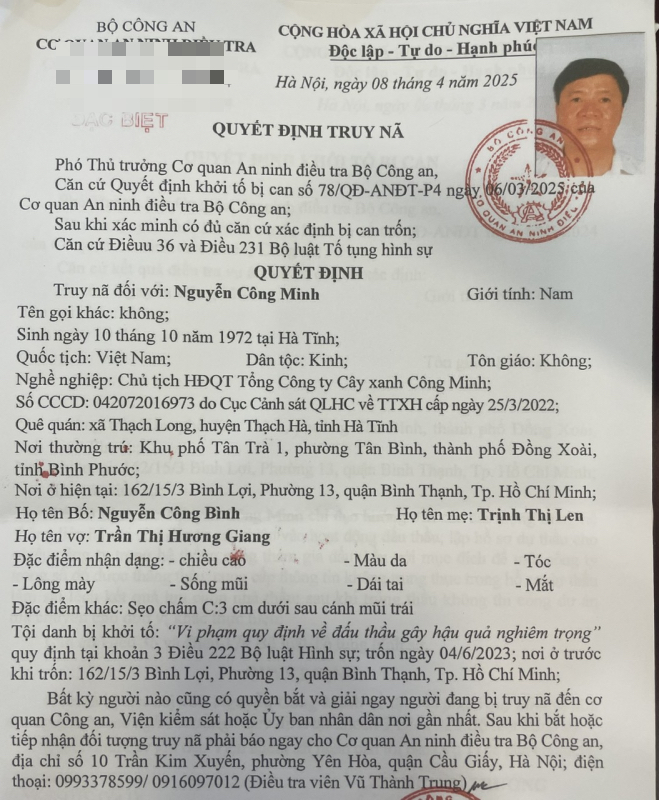 Vụ truy nã Chủ tịch Tổng Công ty Cây xanh Công Minh: Hé lộ thủ đoạn để trúng hàng trăm gói thầu- Ảnh 1. Vụ truy nã Chủ tịch Tổng Công ty Cây xanh Công Minh: Hé lộ thủ đoạn để trúng hàng trăm gói thầu- Ảnh 1.