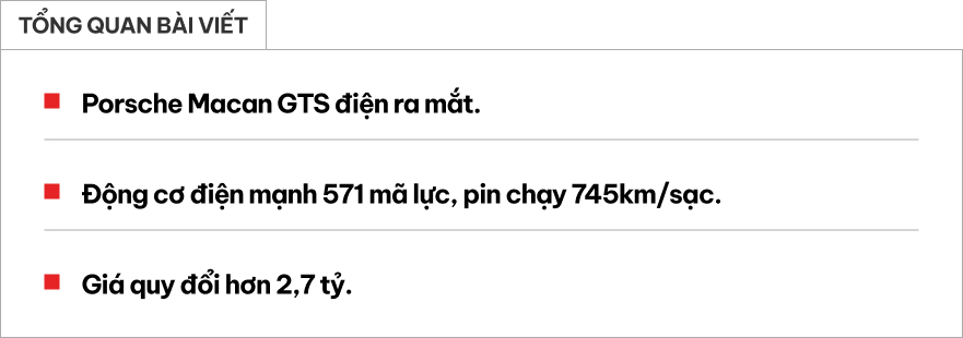 Porsche Macan th&ecirc;m bản GTS thể thao: Gi&aacute; quy đổi hơn 2,7 tỷ đồng, động cơ điện mạnh 563 m&atilde; lực, chạy H&agrave; Nội - Đ&agrave; Nẵng kh&ocirc;ng cần sạc- Ảnh 1.