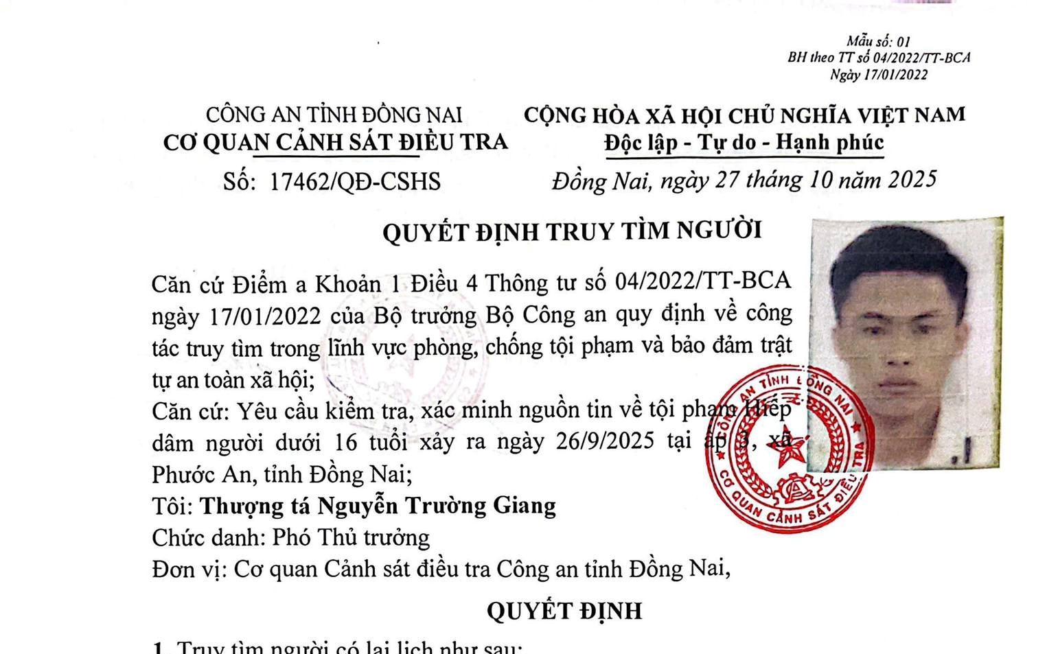 Truy tìm Nguyễn Thanh Hoài sinh năm 2002