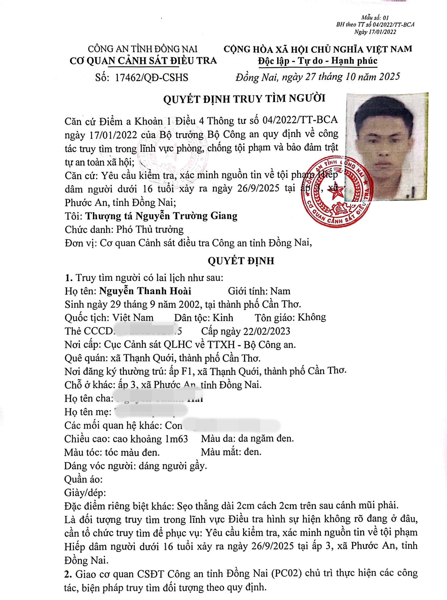 Truy tìm Nguyễn Thanh Hoài sinh năm 2002- Ảnh 1.