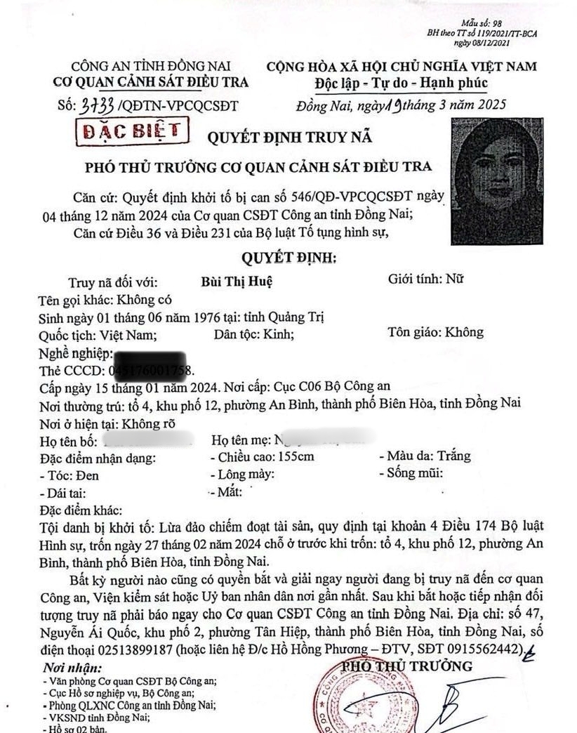 Truy nã đặc biệt Bùi Thị Huệ sinh năm 1976- Ảnh 1.