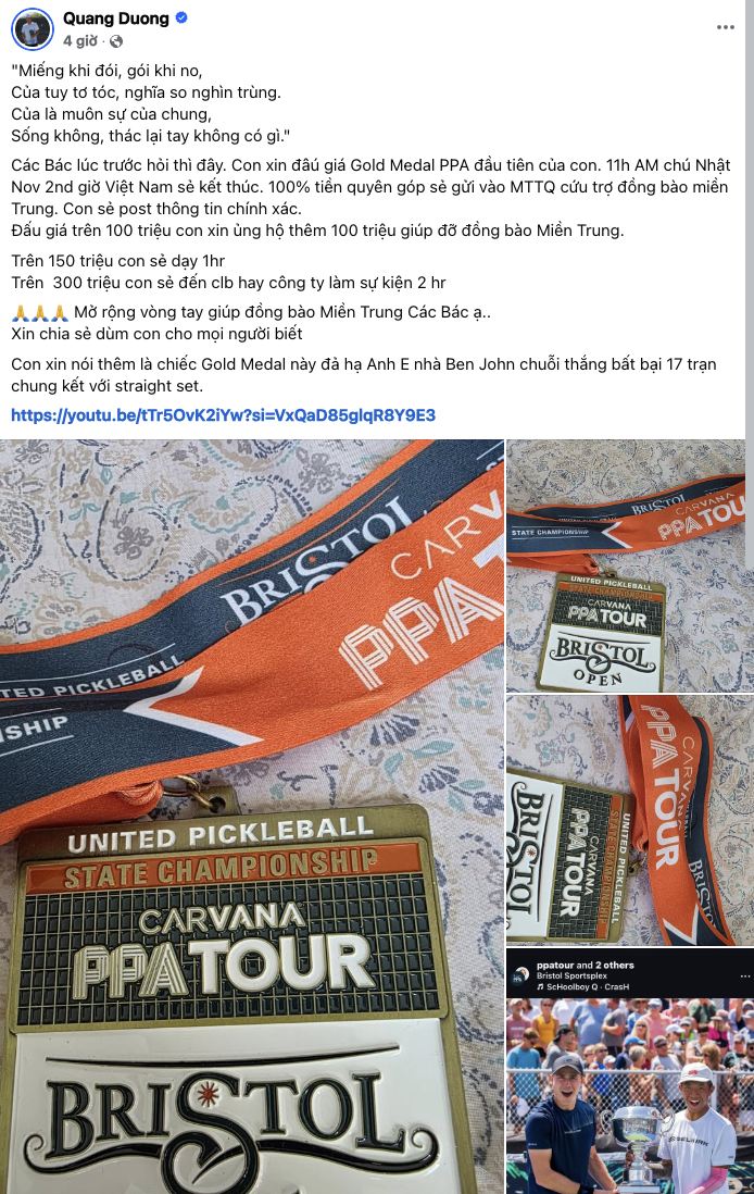 Quang Dương mang huy chương vàng lịch sử ra đấu giá cứu trợ miền Trung: “Miếng khi đói, gói khi no...”- Ảnh 2.