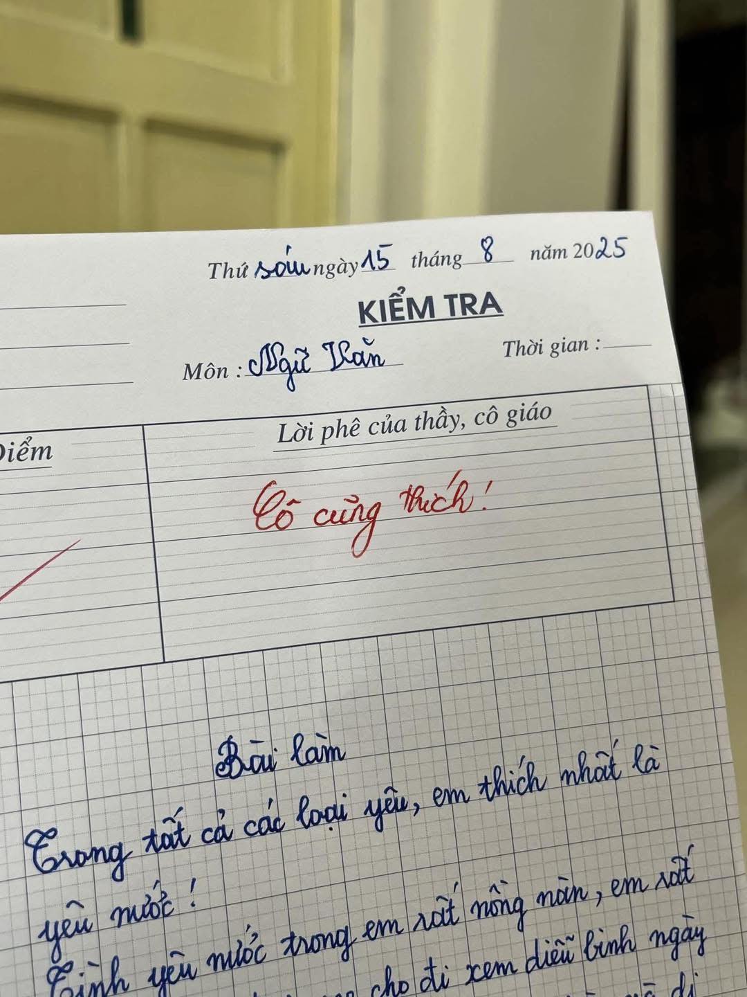 Học sinh viết văn "Trong tất cả những loại Y&Ecirc;U, em y&ecirc;u nhất l&agrave;..." - C&ocirc; gi&aacute;o khen hết lời: "C&ocirc; cũng thế"- Ảnh 1.