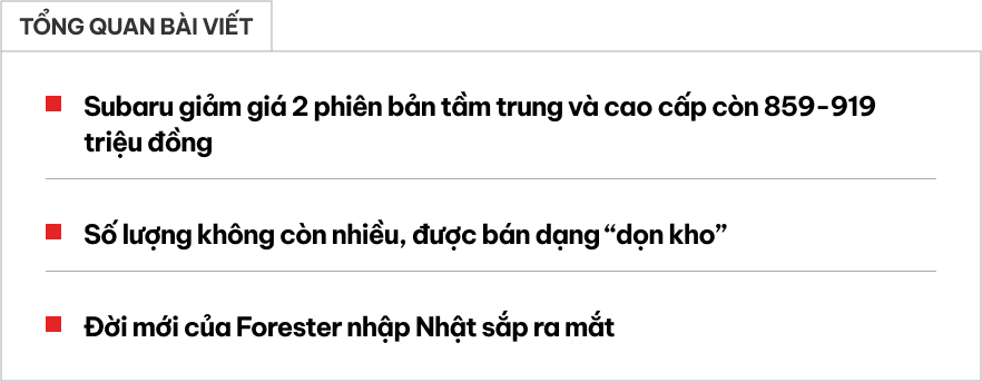 Subaru Forester giảm giá mạnh tại đại lý, dọn kho chờ đời mới sắp ra mắt: Bản đắt nhất còn 919 triệu đồng, ‘dễ thở’ hơn trước CX-5, Territory- Ảnh 1. Subaru Forester giảm giá mạnh tại đại lý, dọn kho chờ đời mới sắp ra mắt: Bản đắt nhất còn 919 triệu đồng, ‘dễ thở’ hơn trước CX-5, Territory- Ảnh 1.