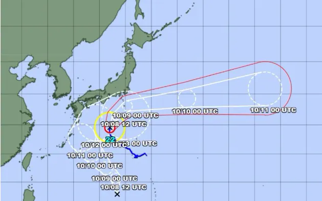 B&atilde;o Halong di chuyển về ph&iacute;a Bắc gần quần đảo Izu, mang theo gi&oacute; mạnh, s&oacute;ng lớn v&agrave; mưa lớn khi qu&eacute;t qua đảo v&agrave;o s&aacute;ng sớm 9/10 (Ảnh: Cơ quan Kh&iacute; tượng Nhật Bản)