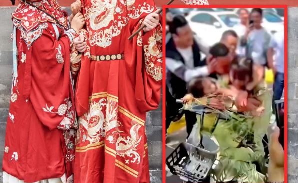 Đoạn clip 2 ph&ugrave; d&acirc;u bị tr&oacute;i v&agrave;o xe đạp, la h&eacute;t thất thanh khiến người xem &aacute;m ảnh - Khi phong tục &ldquo;chơi khăm đ&aacute;m cưới&rdquo; ở Trung Quốc bị biến tướng- Ảnh 1.