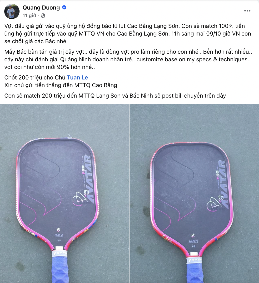 Quang Dương đấu giá vợt pickleball được 200 triệu ủng hộ bà con Cao Bằng, nâng tổng số tiền quyên góp lên 400 triệu- Ảnh 1. Quang Dương đấu giá vợt pickleball được 200 triệu ủng hộ bà con Cao Bằng, nâng tổng số tiền quyên góp lên 400 triệu- Ảnh 1.