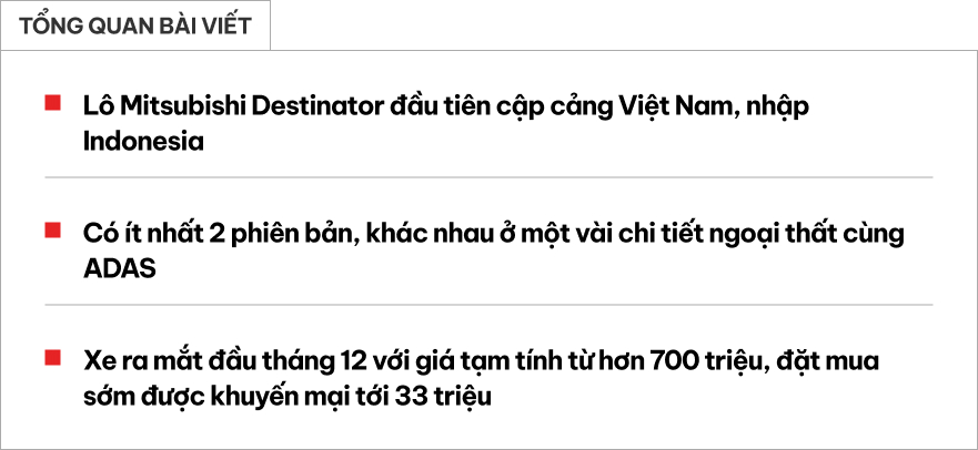 Lô Mitsubishi Destinator đầu tiên cập cảng Việt Nam: Ít nhất 2 bản với ngoại hình khác biệt, có ADAS, dễ 'hot' khi ra mắt đầu tháng sau- Ảnh 1. Lô Mitsubishi Destinator đầu tiên cập cảng Việt Nam: Ít nhất 2 bản với ngoại hình khác biệt, có ADAS, dễ 'hot' khi ra mắt đầu tháng sau- Ảnh 1.