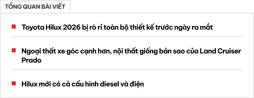 Toyota Hilux 2026 có ảnh thực tế rõ nét: Thiết kế góc cạnh hơn, nội thất như Prado, tùy chọn động cơ diesel và điện đấu Ranger- Ảnh 1.