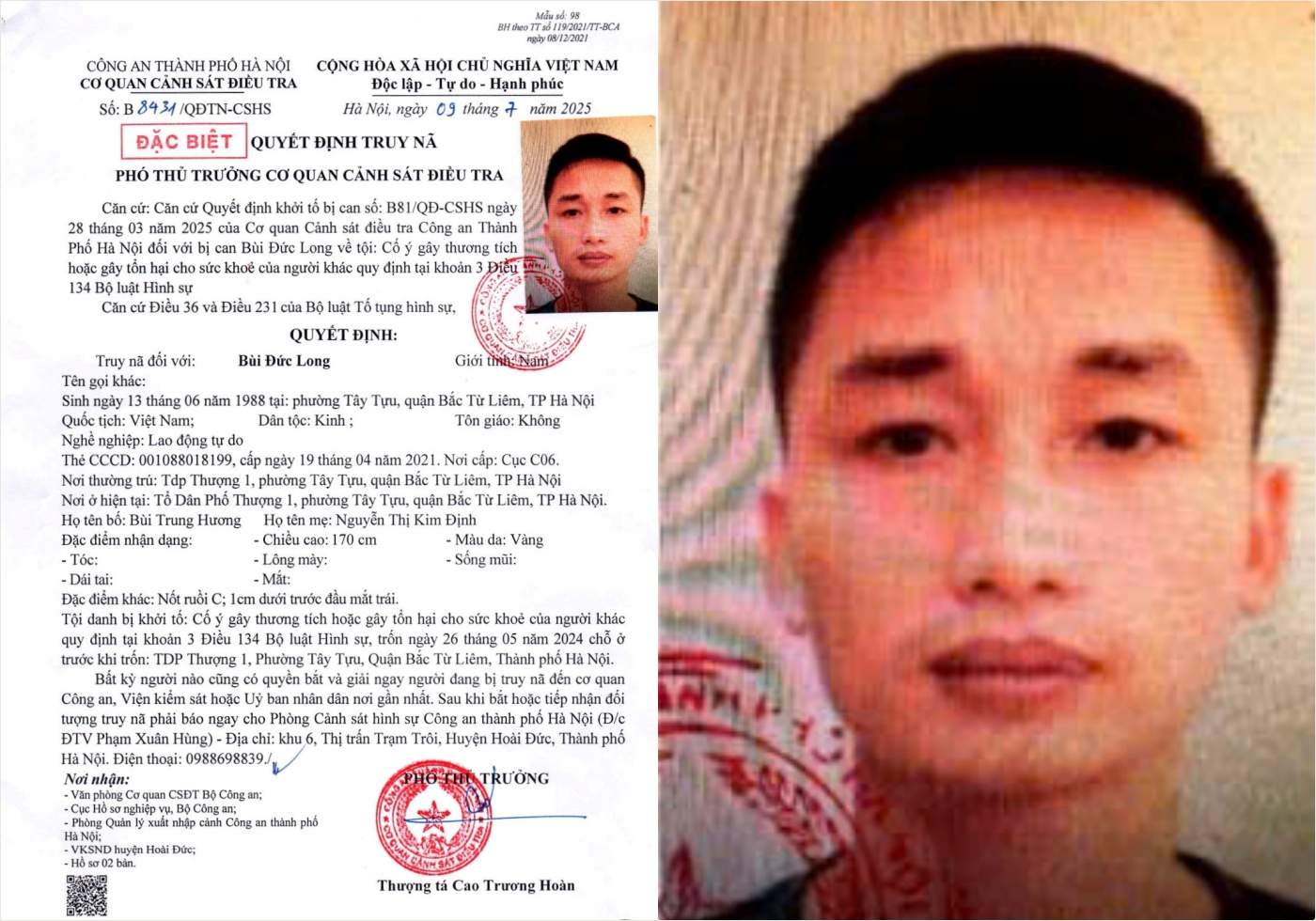 Truy nã Bùi Đức Long sinh năm 1988