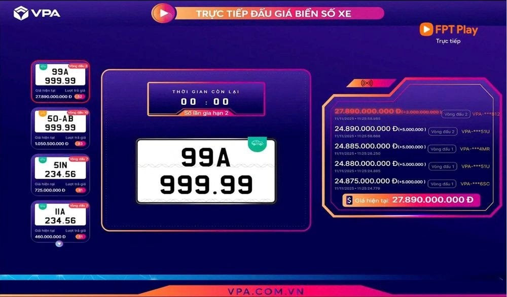 Công ty Đấu giá Hợp danh Việt Nam VPA thông báo: Biển ô tô 'ngũ quý'  99A-999.99 trúng đấu giá gần 28 tỷ - Ảnh 1.