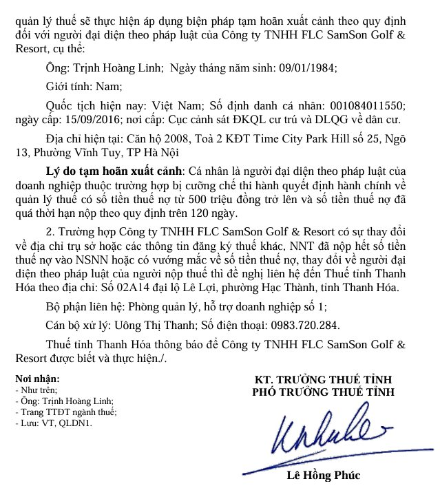 Vừa nhậm chức 1 tháng, tân Giám đốc FLC Samson Golf & Resort vào diện “chờ” tạm hoãn xuất cảnh vì công ty nợ thuế 31,7 tỷ - Ảnh 2.