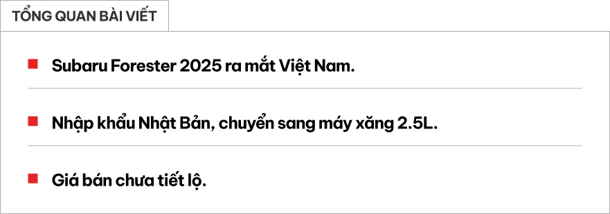 Chi tiết Subaru Forester 2025 vừa ra mắt Việt Nam: Nhập khẩu Nhật Bản, m&aacute;y xăng 2.5L mới, n&acirc;ng cấp ADAS, gi&aacute; kh&oacute; rẻ- Ảnh 1.