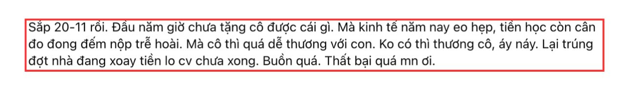 Bà mẹ TP.HCM than: "Sắp đến 20/11, thấy buồn quá, thất bại quá", nhiều người khó hiểu: Sao cứ tự làm khó mình vậy?- Ảnh 1.