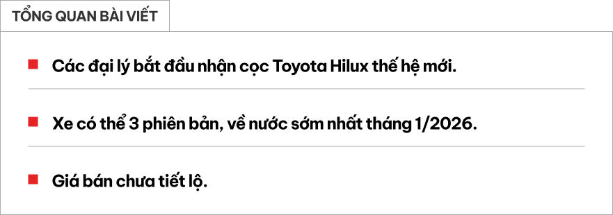 Toyota Hilux 2026 nhận cọc tại Việt Nam: Đại lý báo 3 phiên bản, giá sẽ đắt hơn, về trước Tết cạnh tranh Ranger- Ảnh 1. Toyota Hilux 2026 nhận cọc tại Việt Nam: Đại lý báo 3 phiên bản, giá sẽ đắt hơn, về trước Tết cạnh tranh Ranger- Ảnh 1.