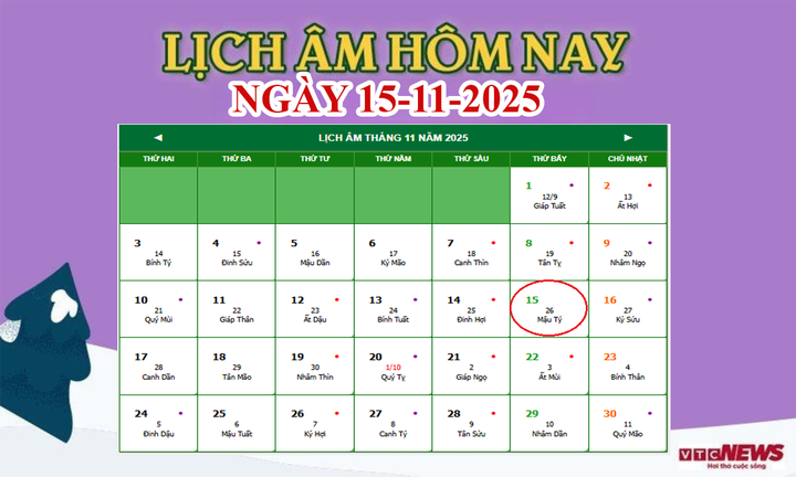 Lịch âm 15/11 - Âm lịch hôm nay 15/11 chính xác nhất - lịch vạn niên 15/11/2025- Ảnh 1.