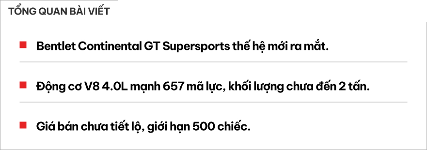 Siêu xe Bentley mới nhất ra mắt: Nhẹ nhất lịch sử, giới hạn 500 chiếc, tăng tốc 0-100km/h trong 3,7 giây, tốc độ tối đa 310km/h- Ảnh 1. Siêu xe Bentley mới nhất ra mắt: Nhẹ nhất lịch sử, giới hạn 500 chiếc, tăng tốc 0-100km/h trong 3,7 giây, tốc độ tối đa 310km/h- Ảnh 1.