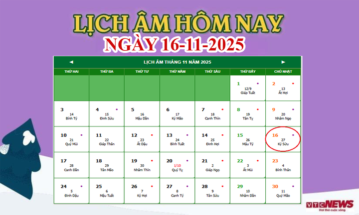 Lịch âm 16/11 - Âm lịch hôm nay 16/11 chính xác nhất - lịch vạn niên 16/11/2025- Ảnh 1.