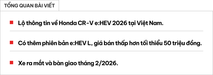 Lộ th&ocirc;ng tin Honda CR-V e:HEV 2026 sắp b&aacute;n tại Việt Nam: Cụm cần số ph&iacute;m bấm, th&ecirc;m bản gi&aacute; rẻ cho người th&iacute;ch xe hybrid, b&aacute;n ra ngay th&aacute;ng 2- Ảnh 1.