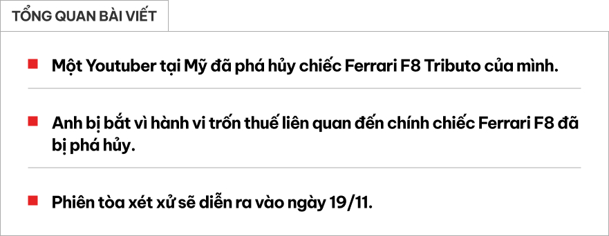 Mua Ferrari F8 Tributo về để đốt, một YouTuber bị bắt vì tội trốn thuế- Ảnh 1.