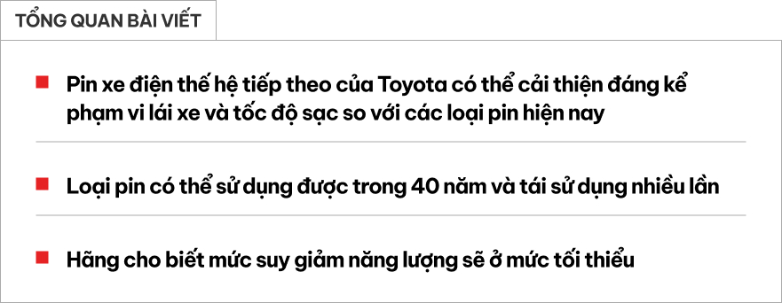 Toyota có thể lật đổ trật tự làng xe điện nếu bán ra loại pin này: Bền hơn cả chiếc xe, sau 40 năm pin vẫn giữ được 90%- Ảnh 1. Toyota có thể lật đổ trật tự làng xe điện nếu bán ra loại pin này: Bền hơn cả chiếc xe, sau 40 năm pin vẫn giữ được 90%- Ảnh 1.