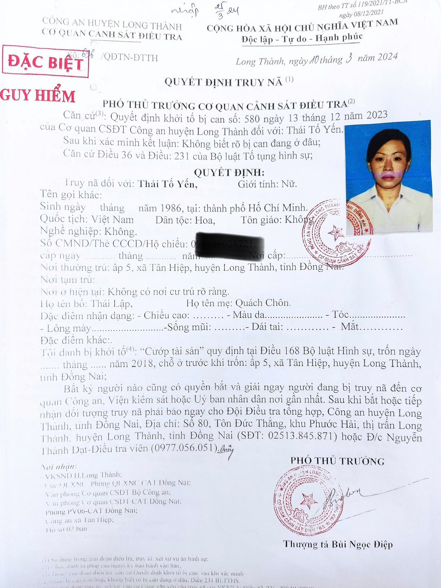 Truy nã đặc biệt Thái Tố Yến- Ảnh 1. Truy nã đặc biệt Thái Tố Yến- Ảnh 1.