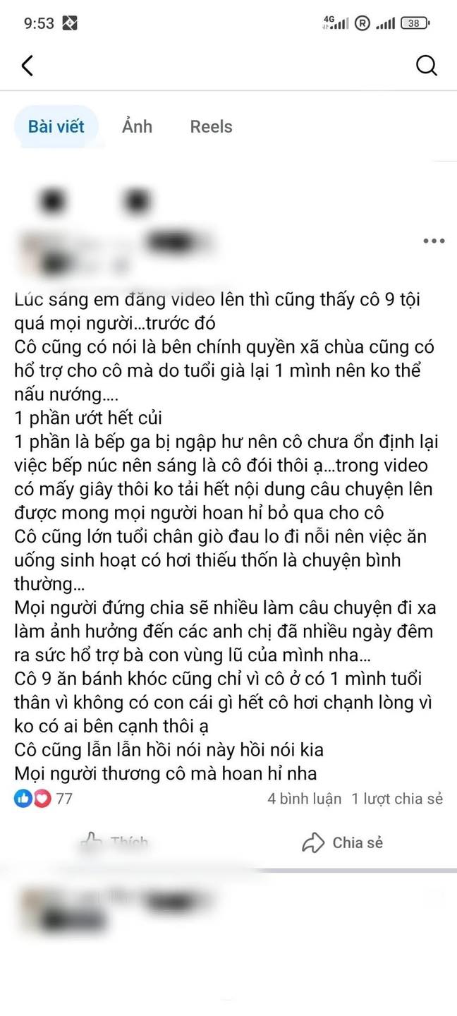 Clip cụ bà "mấy ngày không có gì ăn trong mùa lụt": Người phát tán đính chính một sự thật khác- Ảnh 2.