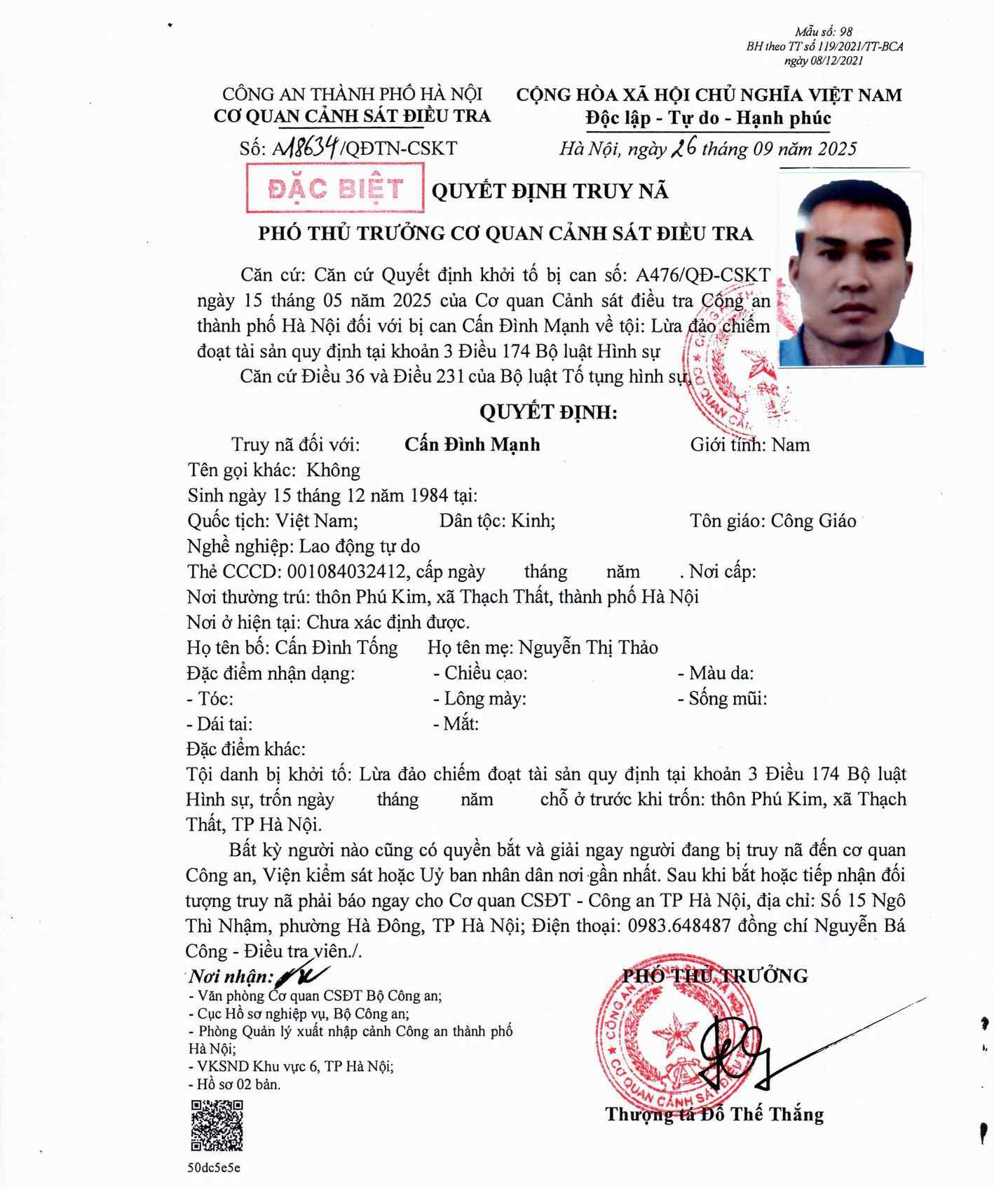 Truy nã đặc biệt nhân viên kinh doanh Cấn Đình Mạnh- Ảnh 1.