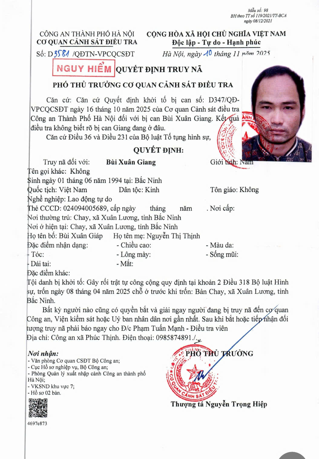 Quyết định truy nã Bùi Xuân Giang- Ảnh 1.