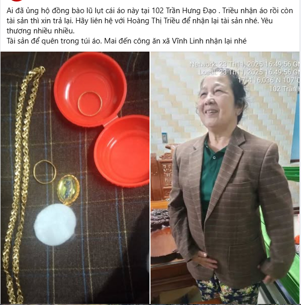 T&igrave;m lại chủ nh&acirc;n cho số v&agrave;ng để qu&ecirc;n trong t&uacute;i &aacute;o ủng hộ b&agrave; con lũ lụt- Ảnh 1.