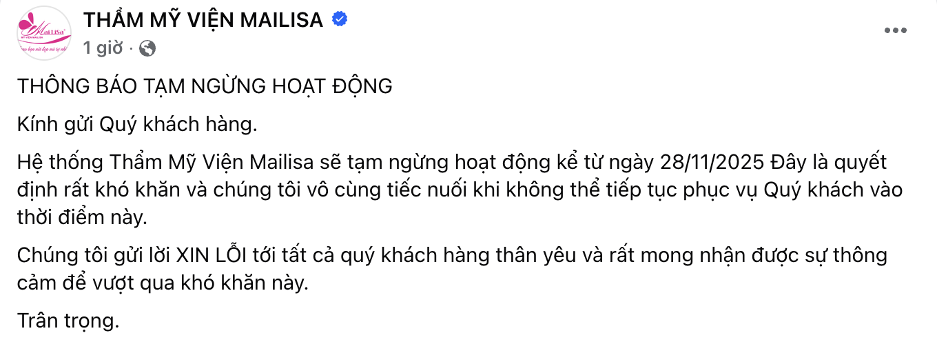 Thẩm Mỹ Viện Mailisa Ngừng Hoạt Động: Tác Động Đến Kinh Tế Và Khách Hàng - Ảnh 1.