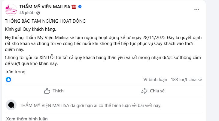 Thẩm mỹ viện Mailisa ngừng hoạt động toàn hệ thống từ 28/11 - Ảnh 2.