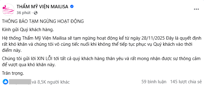 Tạm dừng toàn bộ hoạt động của hệ thống Thẩm mỹ viện Mailisa Tạm dừng toàn bộ hoạt động của hệ thống Thẩm mỹ viện Mailisa